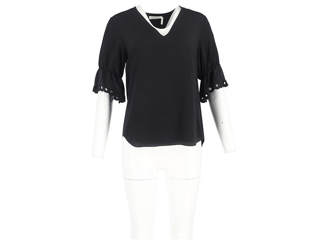 Blusa in seta nera Chloé con maniche a scallop e scollo a V Nero - vista 4