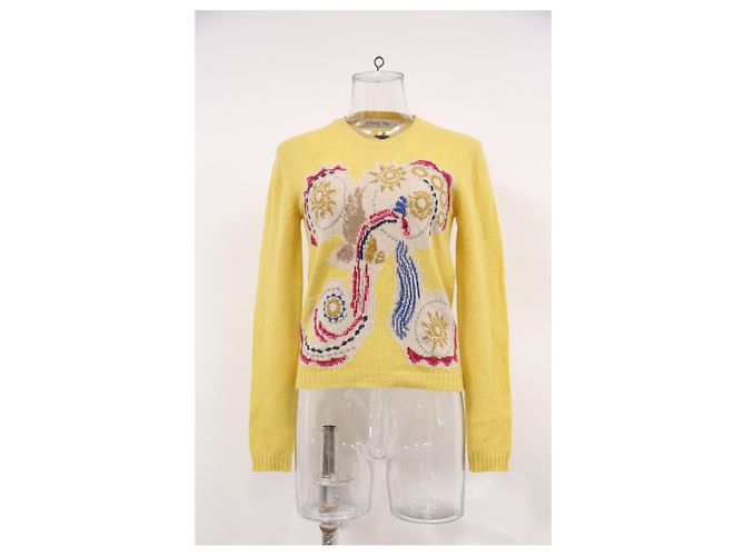 Dior bestickter Rundhals-Pullover aus gelber Wolle - Ansicht 7