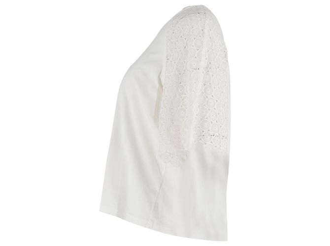 Camiseta de cuello redondo en algodón blanco con mangas de encaje Chloé Crudo - vista 2