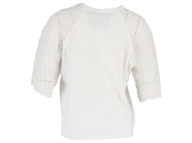 Camiseta de cuello redondo en algodón blanco con mangas de encaje Chloé Crudo - vista 3