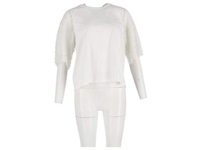 Camiseta de cuello redondo en algodón blanco con mangas de encaje Chloé Crudo - vista 4