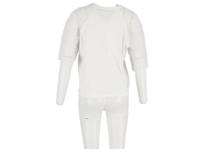 Camiseta de cuello redondo en algodón blanco con mangas de encaje Chloé Crudo - vista 6