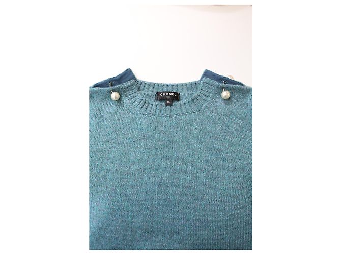 Timeless Top de lana azul de manga corta adornado con perlas de Chanel Azul claro - vista 10