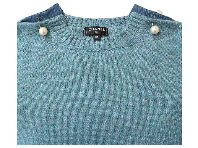 Timeless Top de lana azul de manga corta adornado con perlas de Chanel Azul claro - vista 5