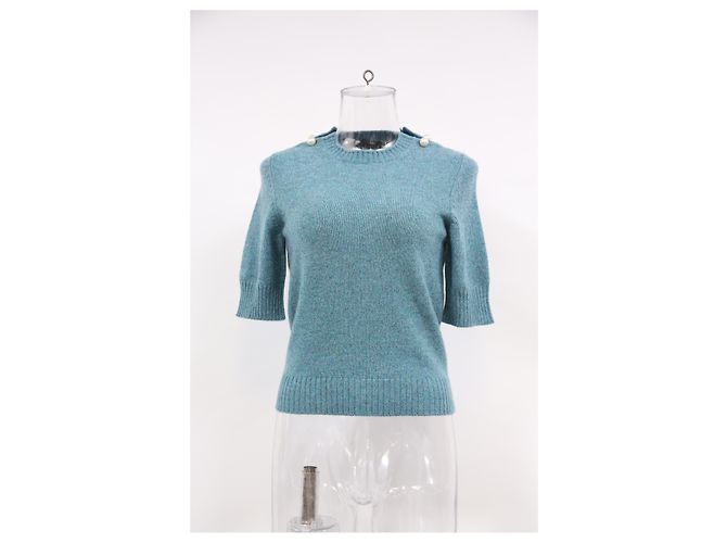Timeless Top de lana azul de manga corta adornado con perlas de Chanel Azul claro - vista 6