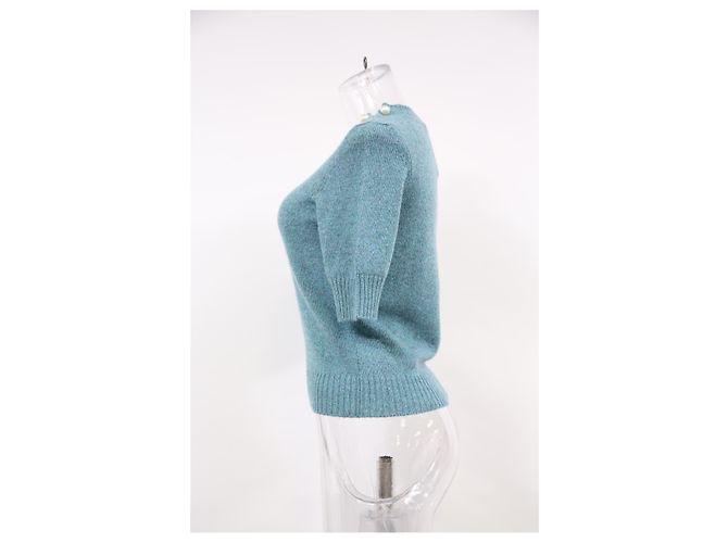 Timeless Top de lana azul de manga corta adornado con perlas de Chanel Azul claro - vista 7