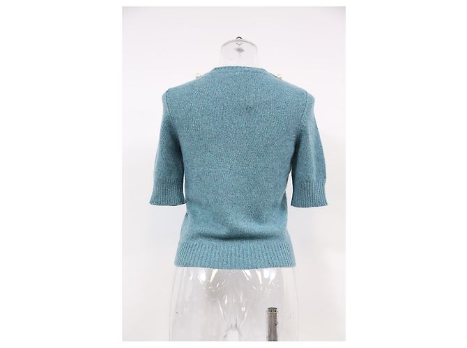 Timeless Top de lana azul de manga corta adornado con perlas de Chanel Azul claro - vista 8