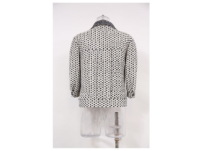 Timeless Jaqueta zíper Chanel com bolinhas em tweed de algodão preto e branco - vista 8