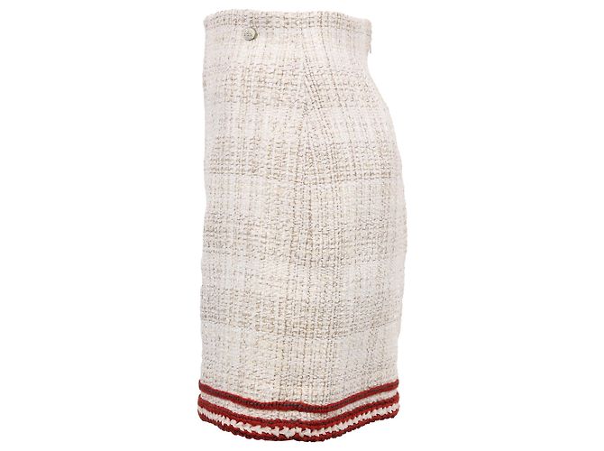 Timeless Falda Mini A-Line de Chanel en tweed de algodón beige y rojo - vista 2