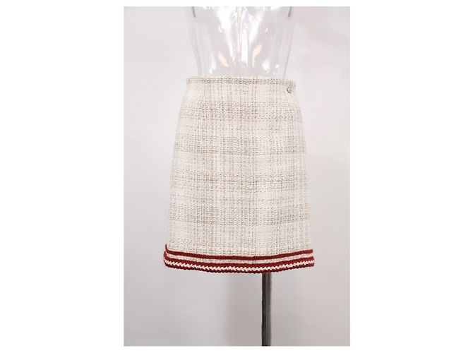 Timeless Falda Mini A-Line de Chanel en tweed de algodón beige y rojo - vista 5