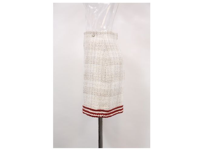 Timeless Falda Mini A-Line de Chanel en tweed de algodón beige y rojo - vista 6