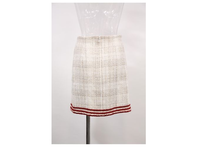 Timeless Falda Mini A-Line de Chanel en tweed de algodón beige y rojo - vista 7