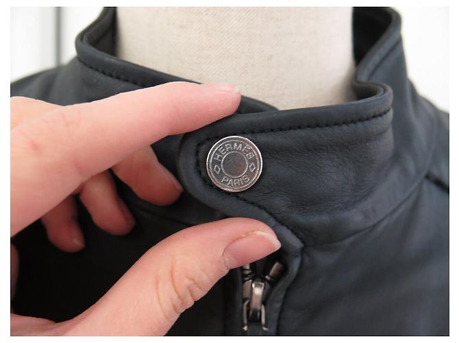 Hermès HERMES COAT JACKET BUTTONS SADDLE STUDS 54 L IN LEATHER Dark grey - view 4