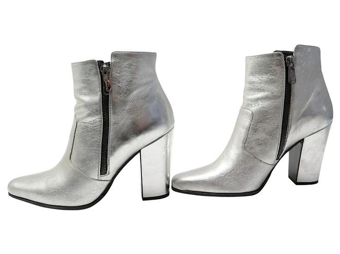 CHAUSSURES BOTTINES BALMAIN 39.5 A TALONS CUIR ARGENTE SILVER ANKLE BOOTS - vue 2