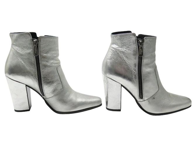 CHAUSSURES BOTTINES BALMAIN 39.5 A TALONS CUIR ARGENTE SILVER ANKLE BOOTS - vue 3
