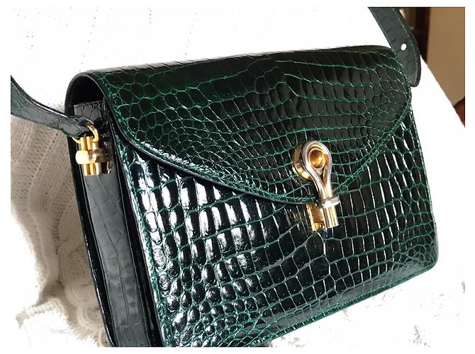 Borsa Gucci in pelle di coccodrillo verde scuro - vista 5