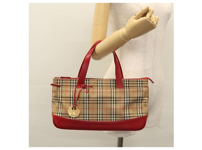 BURBERRY Nova Check Handtasche aus Canvas Beige Rot Auth 113293 - Ansicht 24