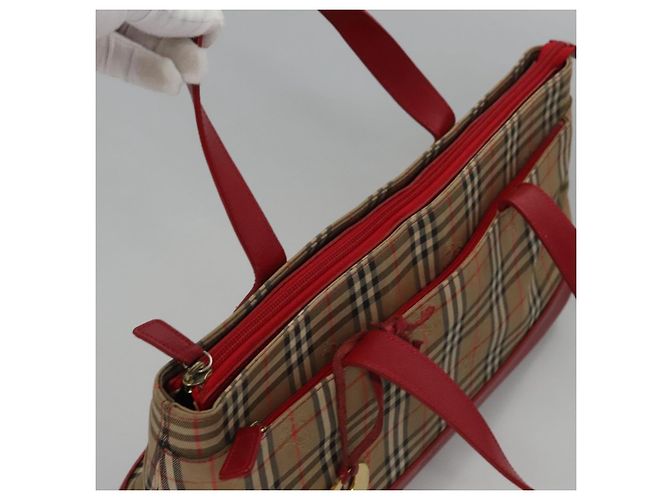 BURBERRY Nova Check Handtasche aus Canvas Beige Rot Auth 113293 - Ansicht 6