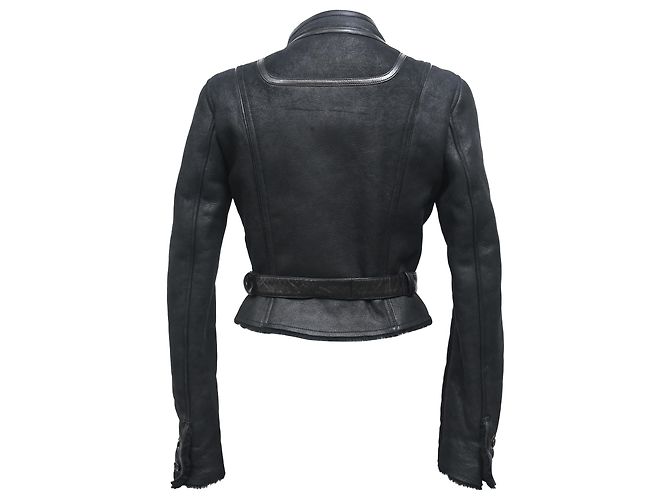 Céline  Celine Belted Mandarin Collared Jacket in Black Leather - view 3
