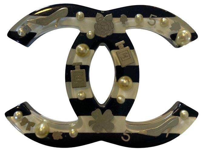 Set di spilla e orecchini Chanel 05A in resina, perle, smalto, CC, righe nere e bianche, grande dimensione Nero Bianco - vista 5