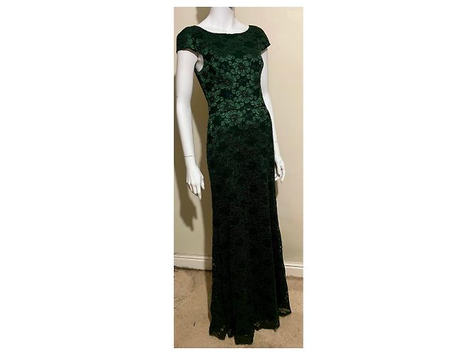 Vera Wang Dunkelgrünes Abendkleid aus floraler Spitze - Ansicht 5