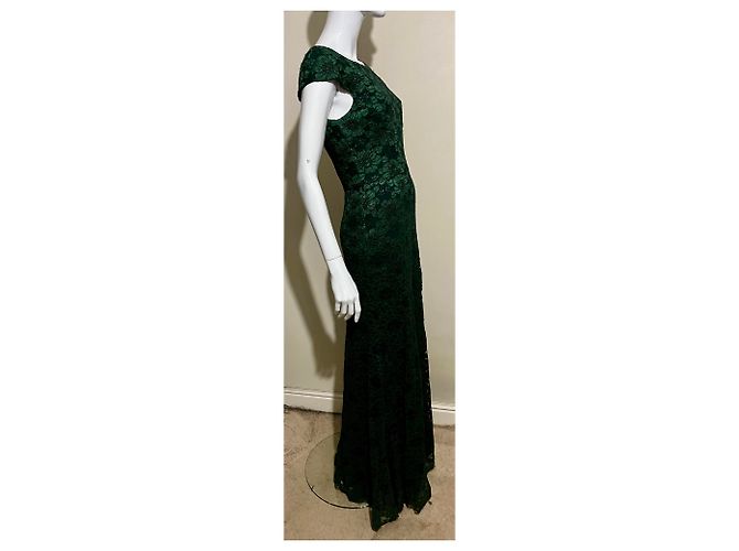 Vera Wang Dunkelgrünes Abendkleid aus floraler Spitze - Ansicht 6