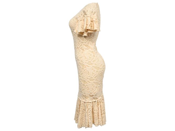 Vestido midi de encaje floral Dolce & Gabbana en algodón crema Blanco Crudo - vista 3