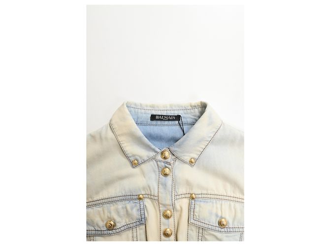Balmain gebleichte Denim-Hemd aus hellblauer Baumwolle - Ansicht 10