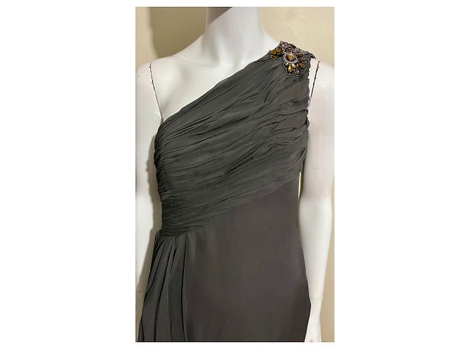 Marchesa Einseitig besetztes Seidenchiffon-Kleid mit Schmuck Grau - Ansicht 4