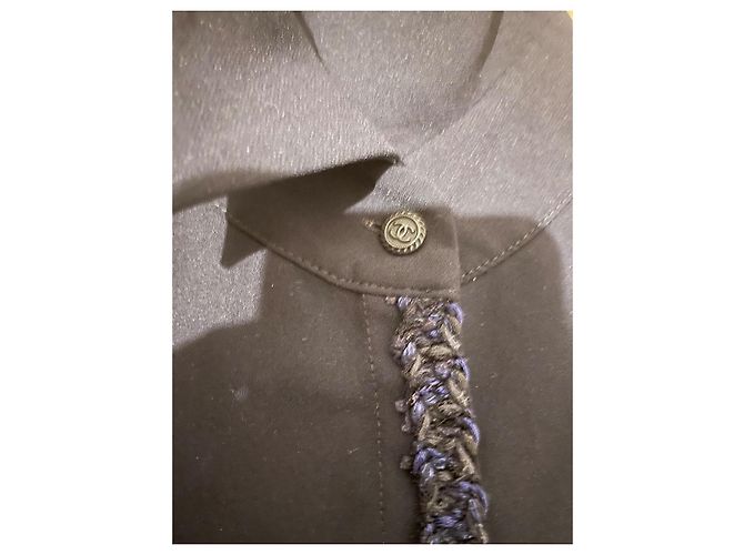 Camicia Blusa Chanel Blu Navy in Crepe con Profilo in Tweed - vista 2