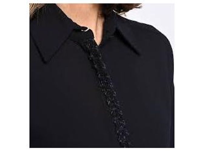 Camicia Blusa Chanel Blu Navy in Crepe con Profilo in Tweed - vista 6