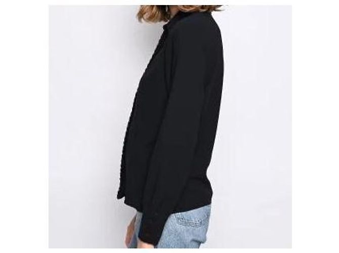 Camicia Blusa Chanel Blu Navy in Crepe con Profilo in Tweed - vista 9