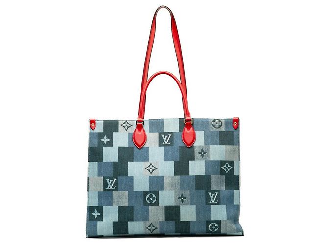 Borsa tote On the Go GM in denim Monogram Louis Vuitton Rosso Blu - vista 3