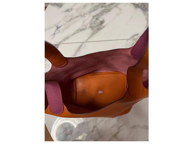 Picotin Borsa a mano Hermès in pelle arancione e viola scuro - vista 2