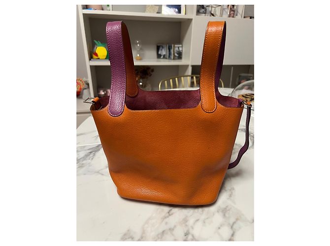 Picotin Borsa a mano Hermès in pelle arancione e viola scuro - vista 3