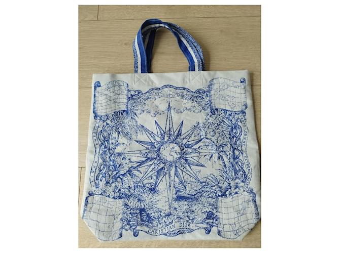 Borsa Tote Dior in cotone bianco e blu - vista 2