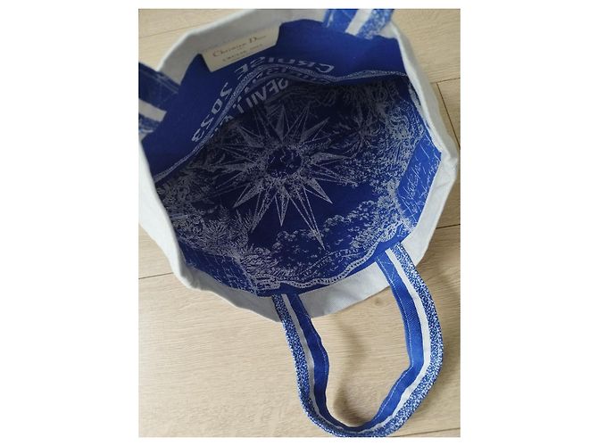 Borsa Tote Dior in cotone bianco e blu - vista 7