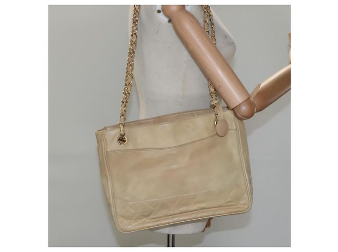 CHANEL Borsa a Spalla Matelassé con Catena in Pelle di Agnello Beige CC Auth bs22414 - vista 22