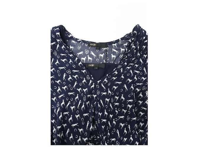 Maje Tierdruck-Top aus marineblauem Polyester - Ansicht 10