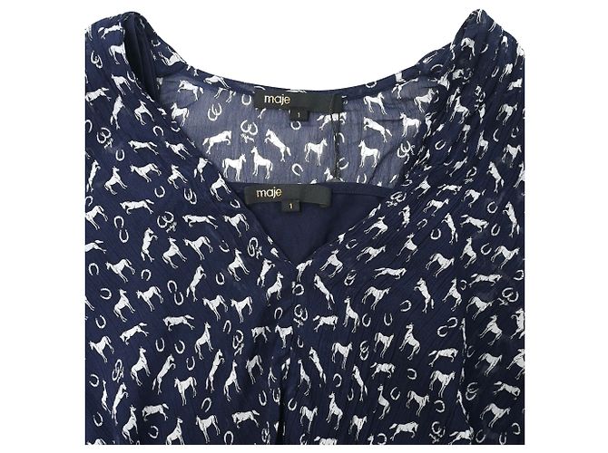 Maje Tierdruck-Top aus marineblauem Polyester - Ansicht 5