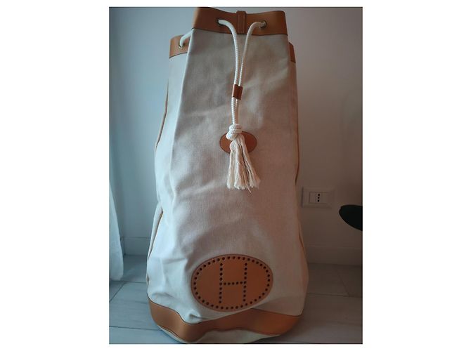 Hermès Duffle Seabag borsa da viaggio in tela beige - vista 2