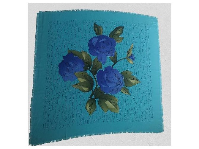 Sciarpa Yves Saint Laurent in seta blu con fiori - vista 2