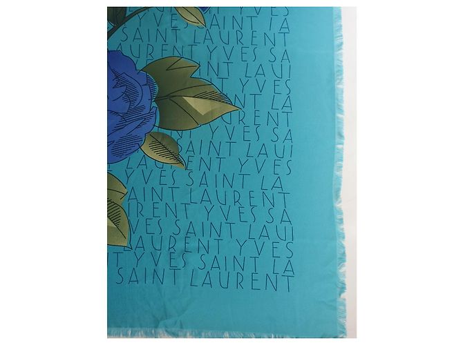 Sciarpa Yves Saint Laurent in seta blu con fiori - vista 4