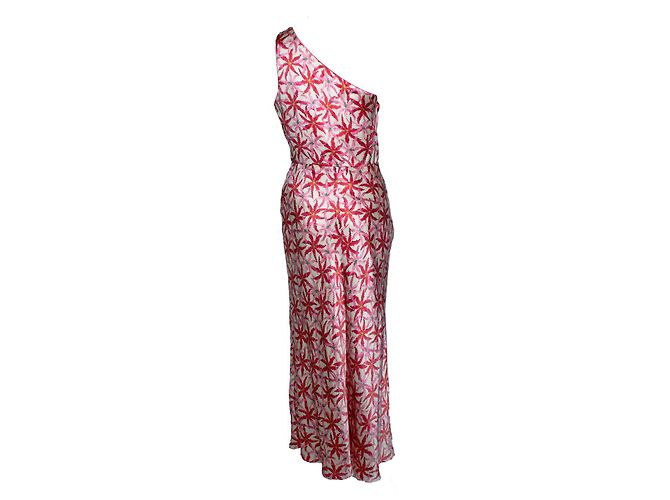 Autre Marque Vestido midi de seda satinada impressa com um ombro Saloni Rosa Vermelho - vista 2
