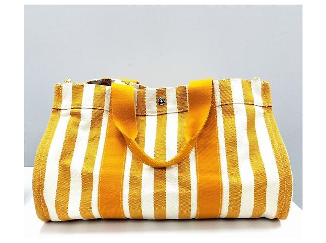Hermès Borsa tote a righe Hermes Toile H Cannes MM Bianco Arancione - vista 2
