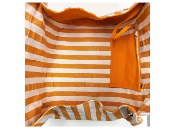 Hermès Borsa tote a righe Hermes Toile H Cannes MM Bianco Arancione - vista 8