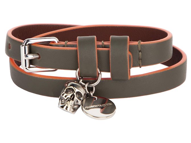 Bracciale in pelle con teschio graffiti da uomo Alexander McQueen in verde - vista 4