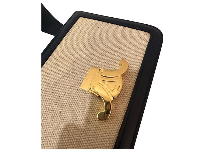 Céline Borsa a spalla Celine Teen Triomphe in tela beige e pelle di vitello nera - vista 11