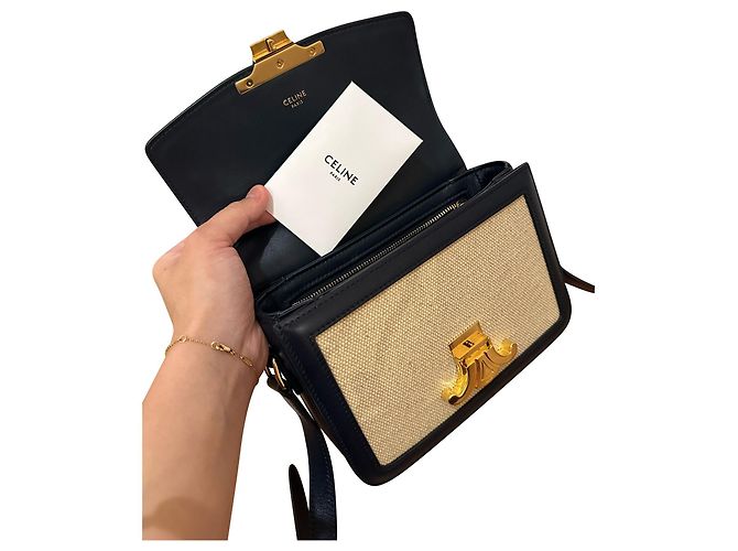 Céline Borsa a spalla Celine Teen Triomphe in tela beige e pelle di vitello nera - vista 16