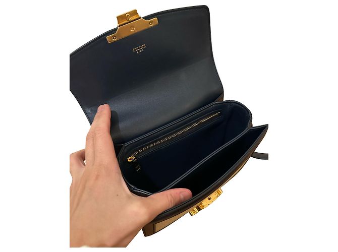 Céline Borsa a spalla Celine Teen Triomphe in tela beige e pelle di vitello nera - vista 17
